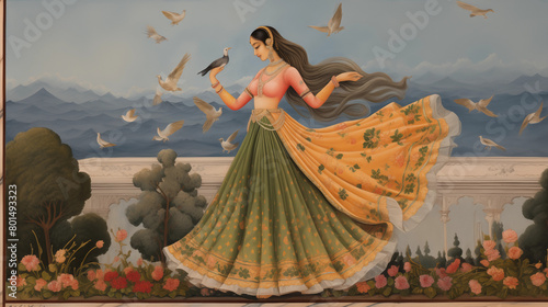 Girl dancing on the terrace of mughal palace, miniature style, 