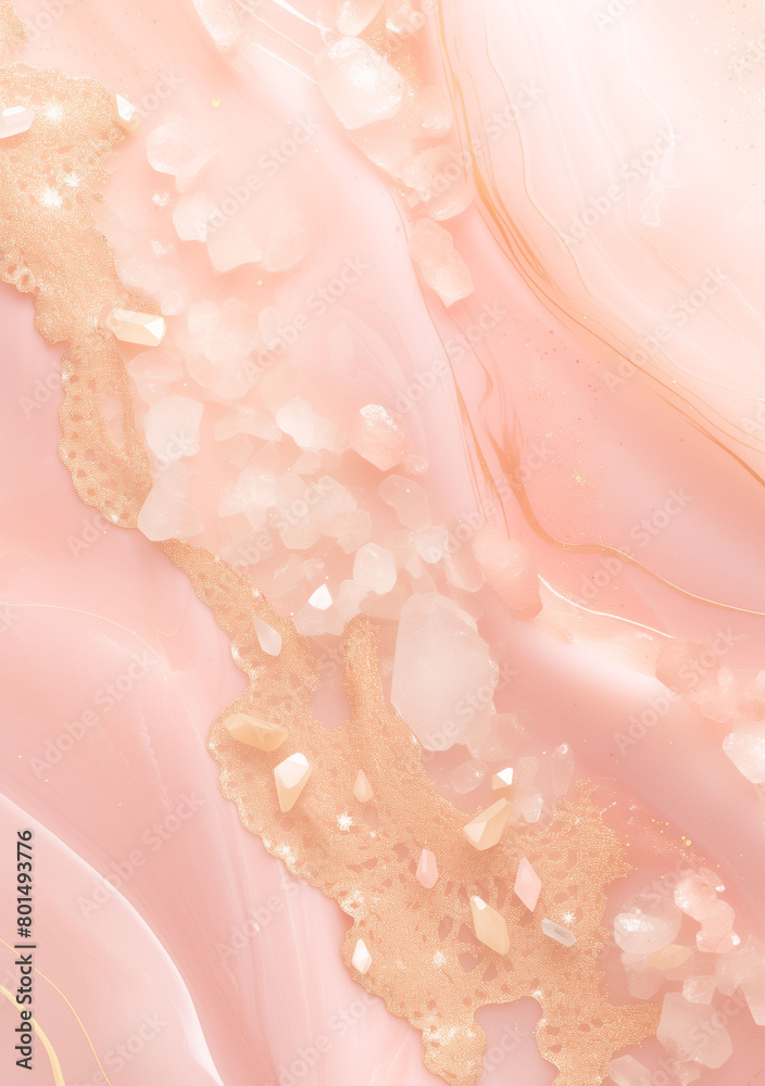 Obraz premium Abstract background of blush marble with rose quartz crystals and delicate floral lace overlays