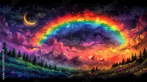   A depiction of a skyward rainbow amidst mountainous and arboreal scenery, with the moon prominently positioned in the background photo