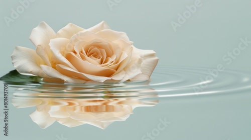 Fototapeta Naklejka Na Ścianę i Meble -    A white rose floats atop clear water, its petals pristine A lone green leaf breaks the surface in the center