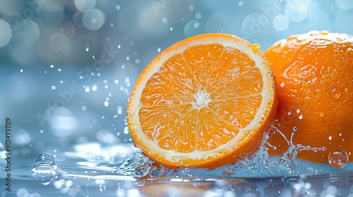   Two oranges in close-up with water droplets  surrounded by a blue halo of light