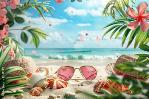 summer 3d background Travel and Vacation Poster Design with Beach Elements