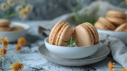   A white bowl, holding macaroons, sits beside a plate overflowing with them