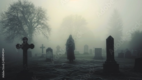 Apparition Alteration    A spectral figure transforming its shape amidst a foggy graveyard photo