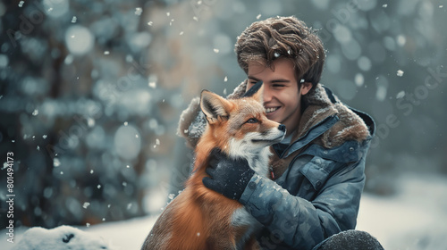 Homem com uma raposa vermelha photo