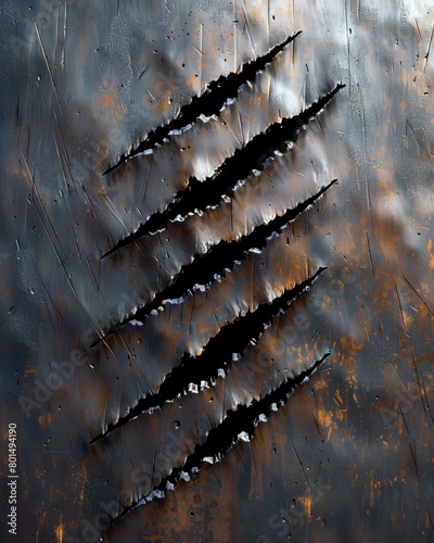steel metal background, claw marks have slashed through the metal, deep cuts