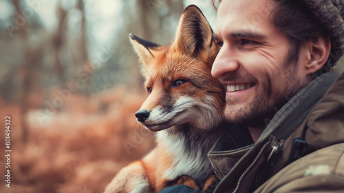 Mulher sorrindo com uma raposa vermelha photo