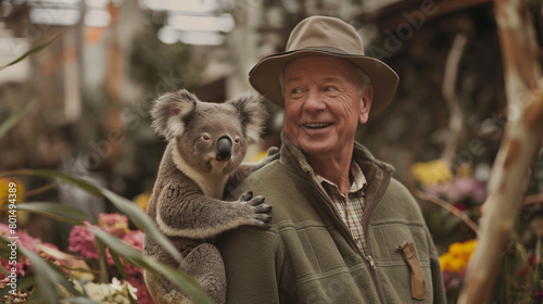 Homem com um coala no colo em uma floricultura 