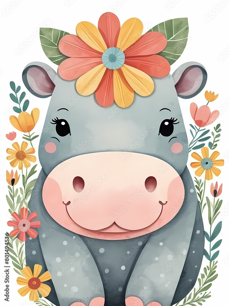 Floral Baby Hippo Nursery Generative AI Illustration Floral Baby Hippo Nursery Generative AI Illustration