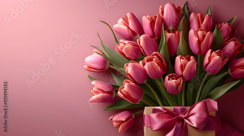 Bouquet of pink tulips and gift box on a pink background. Postcard for Valentine s Day  Women s Day  Mother s Day. Banner with copy space for your design