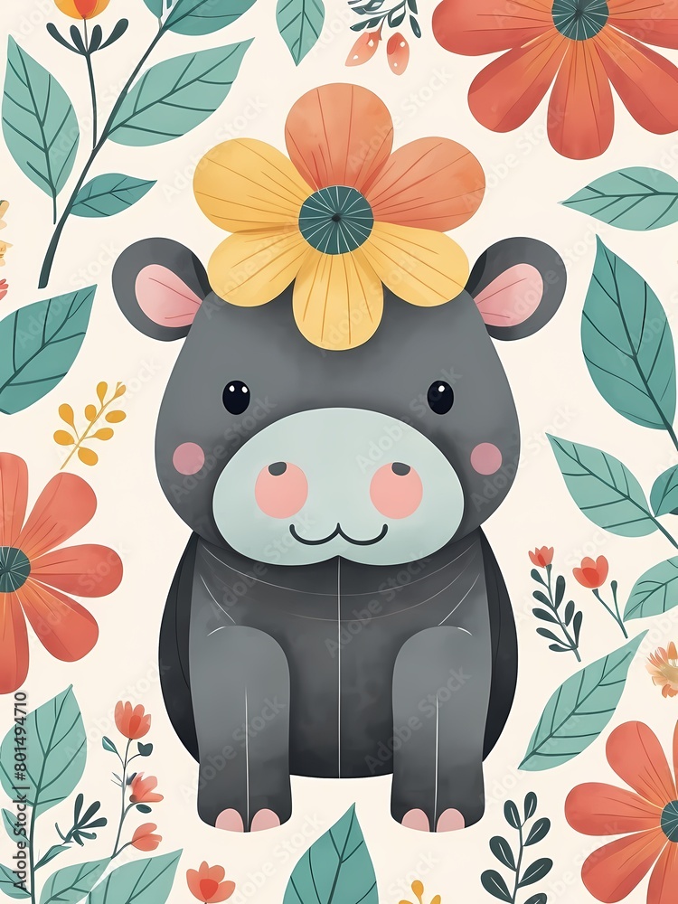 Floral Baby Hippo Nursery Generative AI Illustration