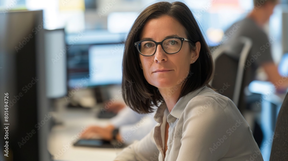 Fototapeta premium A woman with glasses is smiling at her computer monitor