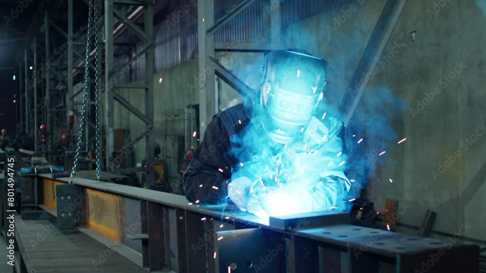 At industrial factory professional welder is welding with a argon or electrode sparks and flashes fly At industrial factory professional welder is welding with a argon or electrode sparks and flashes fly