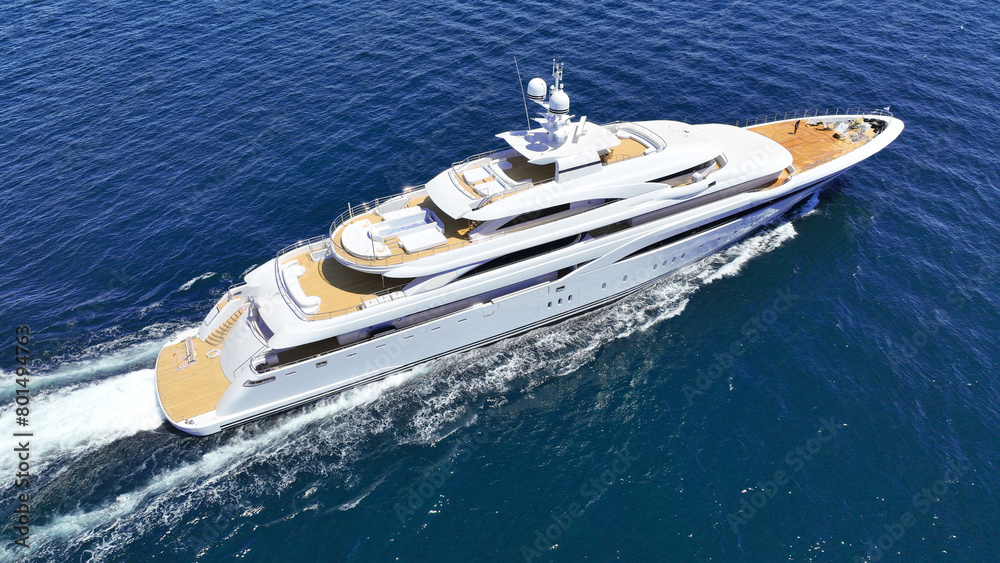 Aerial drone tracking photo of beautiful modern super yacht with wooden deck cruising in low speed deep blue Aegean sea