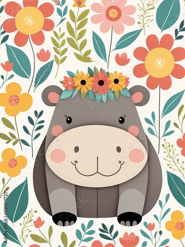 Floral Baby Hippo Nursery Generative AI Illustration