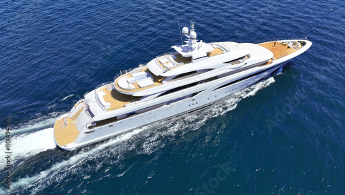 Obraz na płótnie Aerial drone tracking photo of beautiful modern super yacht with wooden deck cruising in low speed deep blue Aegean sea w salonie