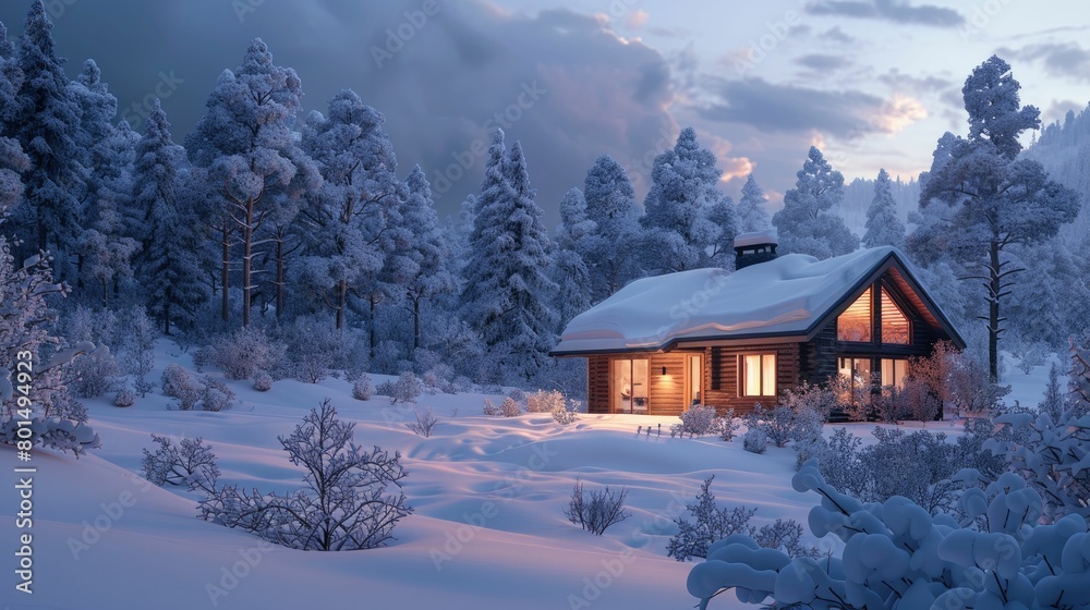 3D visualization of a quiet snowy cabin with warm lights inside, cozy