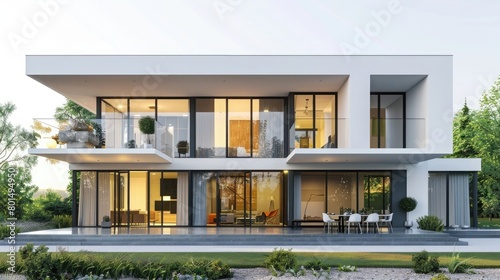 Visualize a sophisticated modern house portrayed in a 3D illustration against a clean white background photo