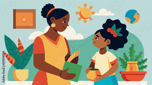 A mother and daughter attending a Juneteenth festival admiring traditional artwork and discussing the importance of preserving their cultural. Vector illustration
