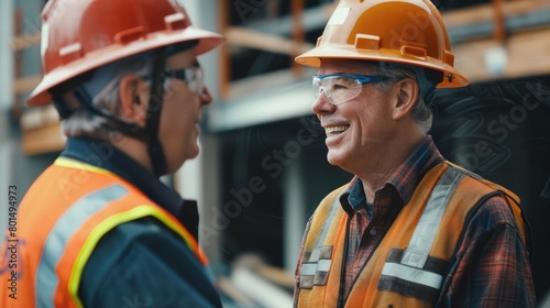 Visualize a scene where two civil engineers or professional foremen, wearing safety helmets, collaborate at a construction