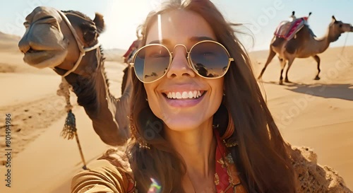 Young Moroccan woman embraces Sahara adventure taking selfies with camels in golden dunes. Concept Travel, Adventure, Culture, Photography, Desert Safari photo