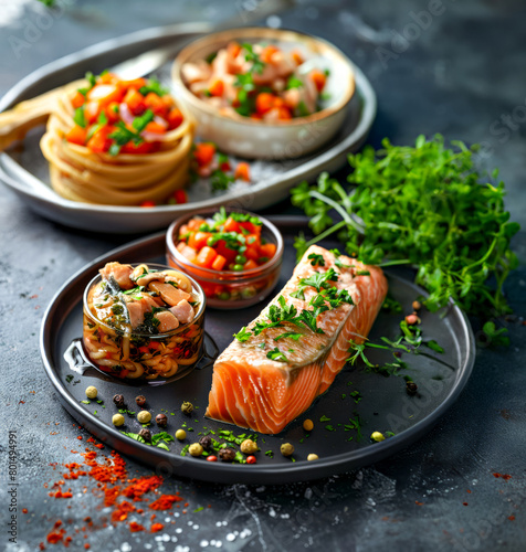 Salmon fillet with herbs, vegetables and sauce on a black background