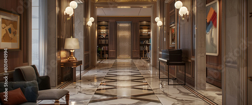 An elegant hallway with marble floors and art deco sconces, leading to a hidden door disguised as a bookshelf. photo