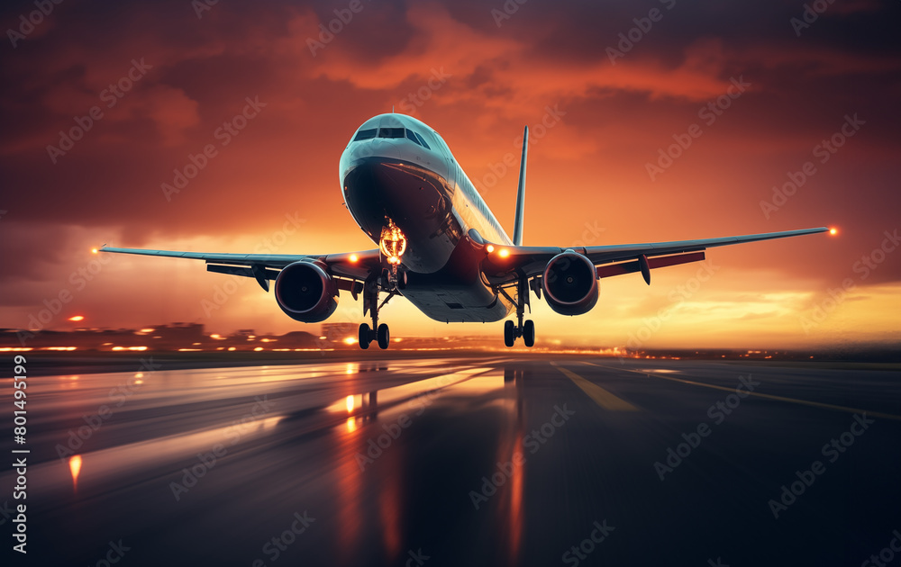Fototapeta premium Large commercial airplane taking off at sunset