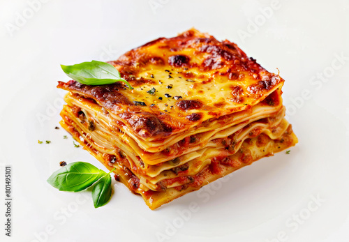 Portion of lasagna with bolognese sauce and basil
