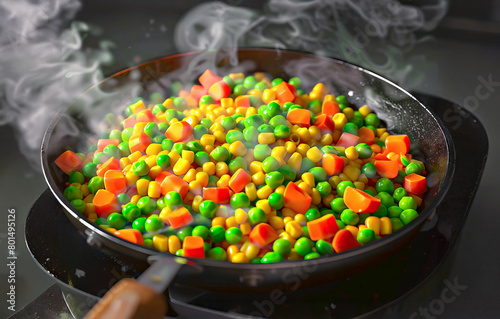 Frying pan with multicolored vegetables on the kitchen table.