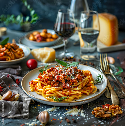 Spaghetti bolognese with parmesan and tomato sauce