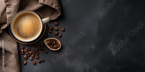A cup of rich black coffee with scattered beans and a linen napkin, set on a dark background. copy space photo