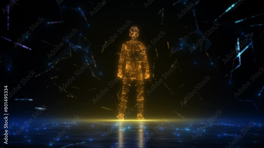 Beautiful Multicolored Animation of Hyper Connected Digital Human Figure Standing. Abstract Cyber Space, Virtual Augmented Reality Metaverse. Bright Blue and Orange Connected Particles.