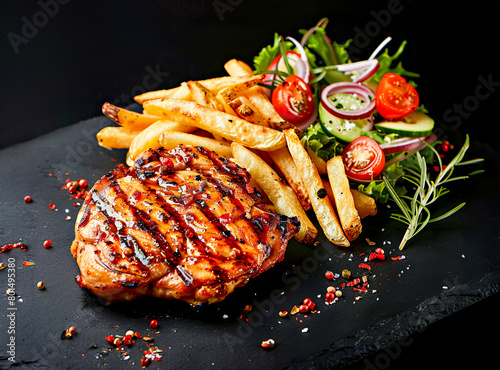 Grilled steak with french fries and vegetable salad on a black background