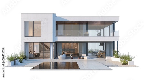 Visualize a sophisticated modern house portrayed in a 3D illustration against a clean white background © Ammar