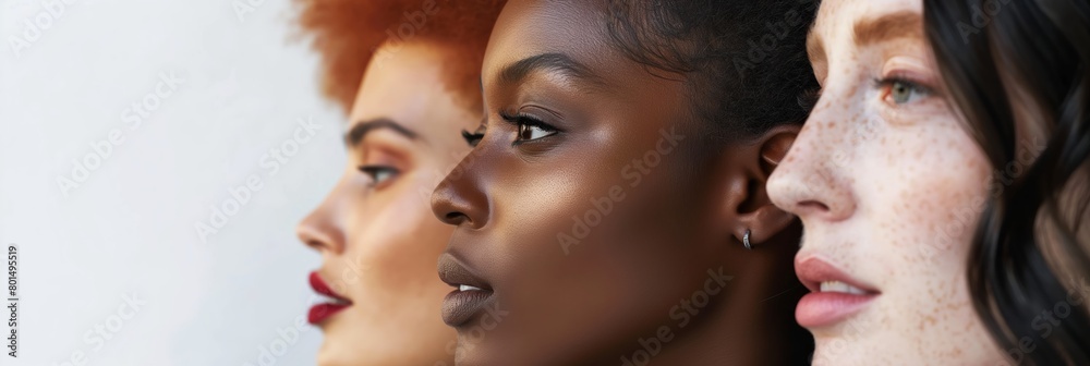 Close-up side profile of three diverse women highlighting beauty, diversity, and unity, with space for text on the background