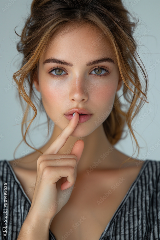 portrait of beautiful girl with finger on lips, isolated on grey portrait of beautiful girl with finger on lips, isolated on grey