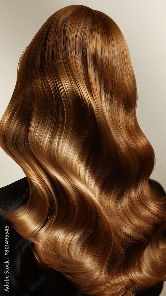 A professional photo of a Wella model showcasing her beautiful, flowing light brown hair from a back view, perfect for a hair dye package. The image captures the well-nourished, moisturized, and lush A professional photo of a Wella model showcasing her beautiful, flowing light brown hair from a back view, perfect for a hair dye package. The image captures the well-nourished, moisturized, and lush