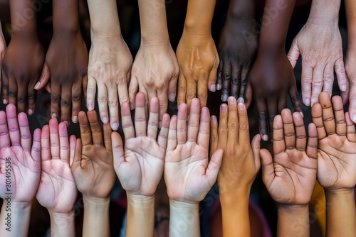 An image demonstrating inclusion with multiple hands of different skin tones extended upwards in unison