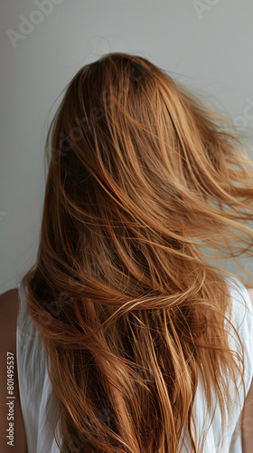 A professional photo of a Wella model showcasing her beautiful, flowing light brown hair from a back view, perfect for a hair dye package. The image captures the well-nourished, moisturized, and lush 