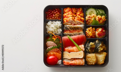 Lunch box on a plain white background. Traditional Asian food in plastic, square, black take-out packaging. Healthy eating, cooking, sushi, seaweed, fish. View from above
