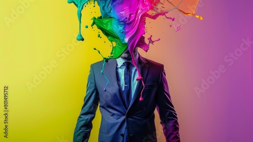   A man in a suit and tie bears an uncanny multicolored paint splash on his face and head photo