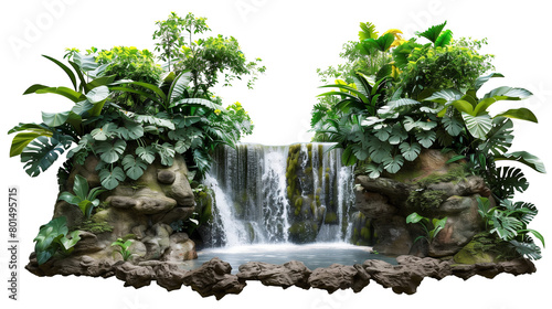 Fototapeta Naklejka Na Ścianę i Meble -  A small waterfall cascading into a crystal clear pond in a dense jungle setting, surrounded by thick foliage, isolated on transparent backgroun