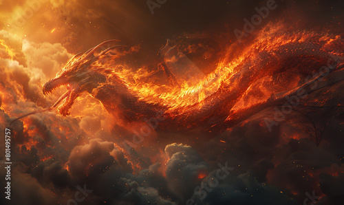 An imposing dragon surrounded by flames in a fiery, dynamic artwork. Generate AI