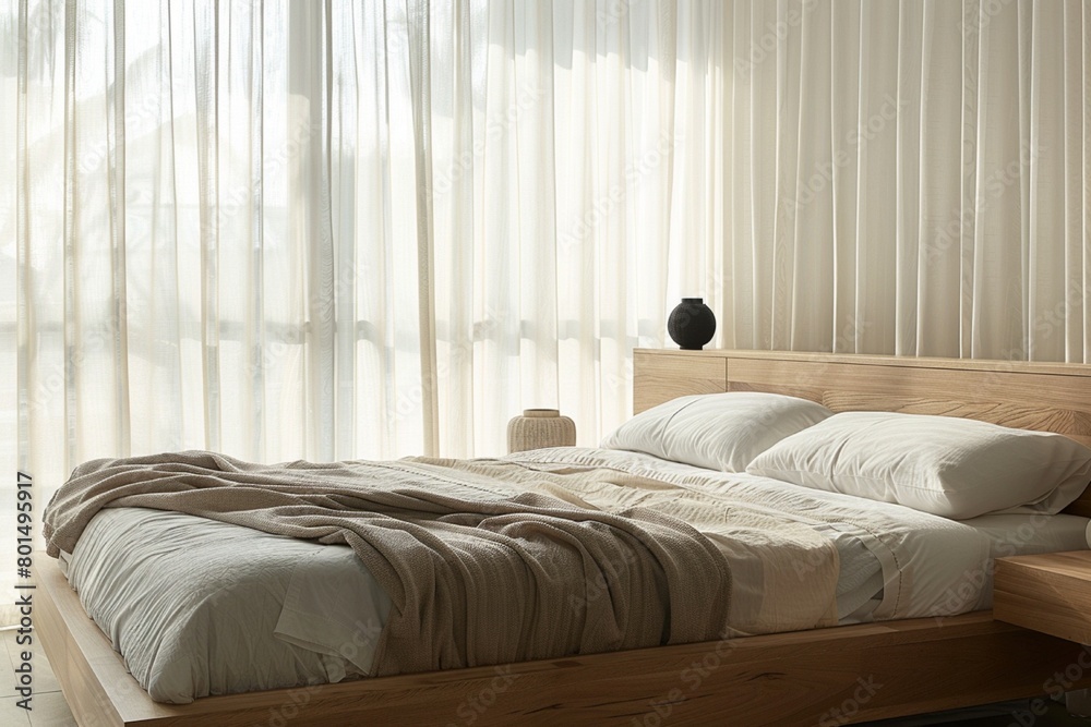 A serene bedroom with a platform bed, sheer curtains, and a minimalist nightstand with a single decorative object. A serene bedroom with a platform bed, sheer curtains, and a minimalist nightstand with a single decorative object.