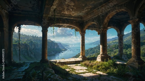 A tranquil view of a river from the vantage point of ancient, overgrown ruins at dawn