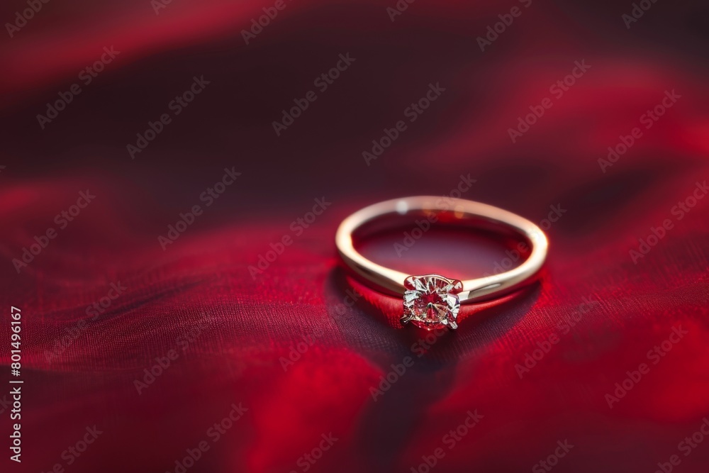 Elegant Solitaire Diamond Engagement Ring on Luxurious Red Silk Elegant Solitaire Diamond Engagement Ring on Luxurious Red Silk