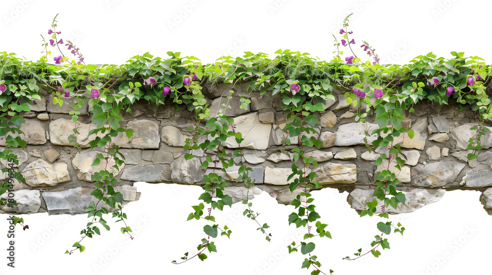 Creeper vines with small flowers on a garden stone wall, isolated on transparent background Creeper vines with small flowers on a garden stone wall, isolated on transparent background