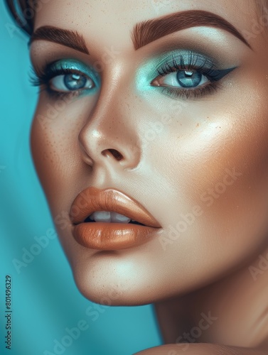  beauty woman with light blue smokey eyes make up 