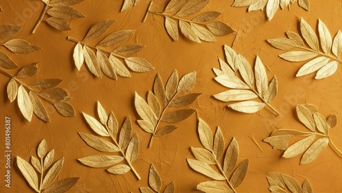  background adorned with delicate gold leaf motifs, exuding elegance and sophistication. Envision a rich, golden canvas with intricately designed leaf patterns shimmering in the light photo